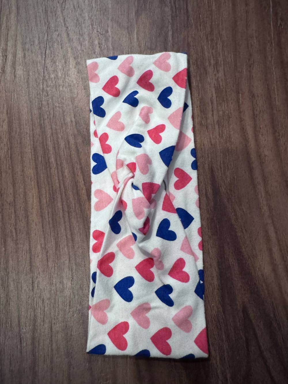 Kids Heart Print Knot Headband - White with Pink & Blue Hearts